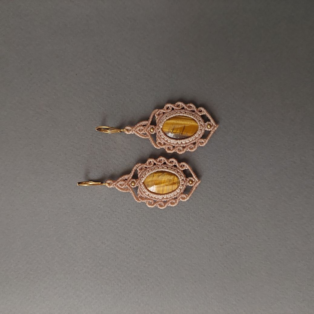 Macramé Earrings-732BE Tiger eye